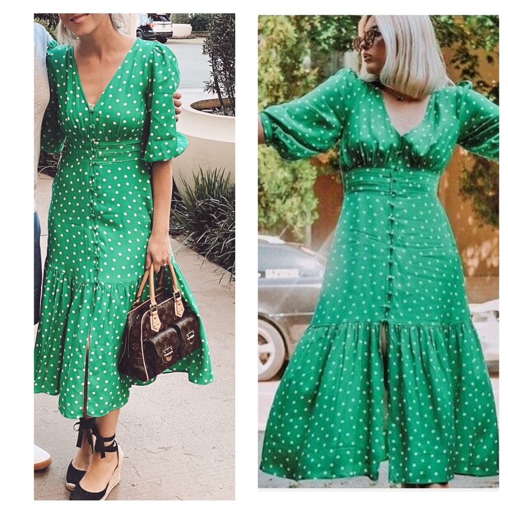 NWT zara green white button polka dot midi dress small - Picture 2 of 7